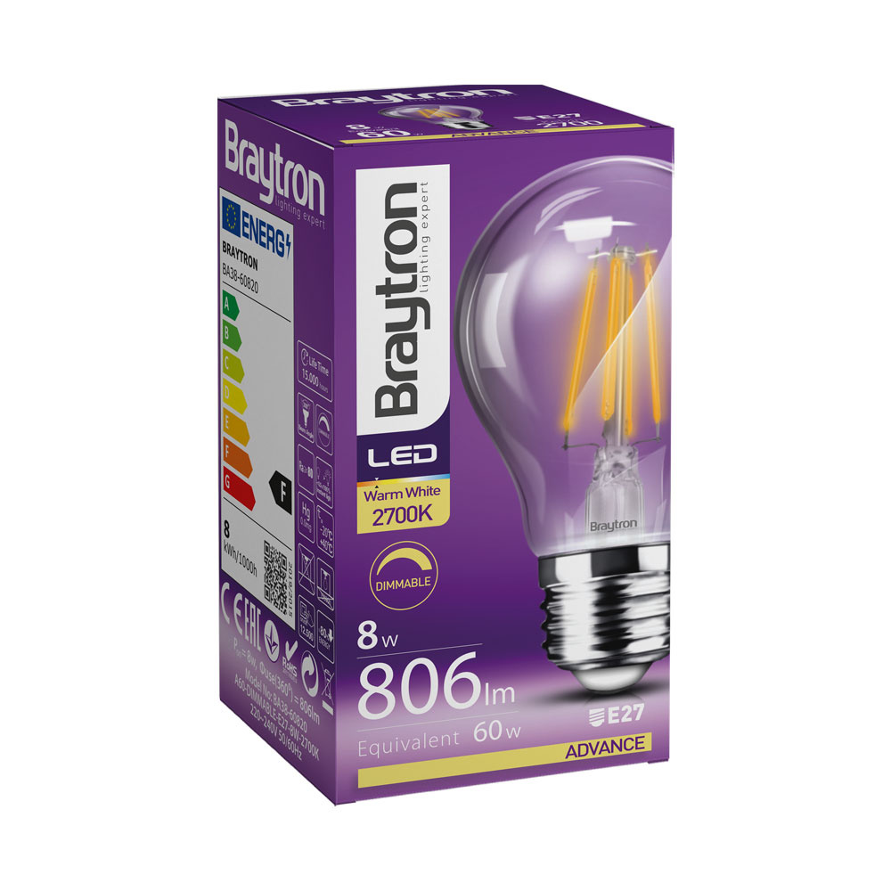 BRY-ADVANCE-8W-E27-A60-CLR-DIM-3000K-BULB - 3